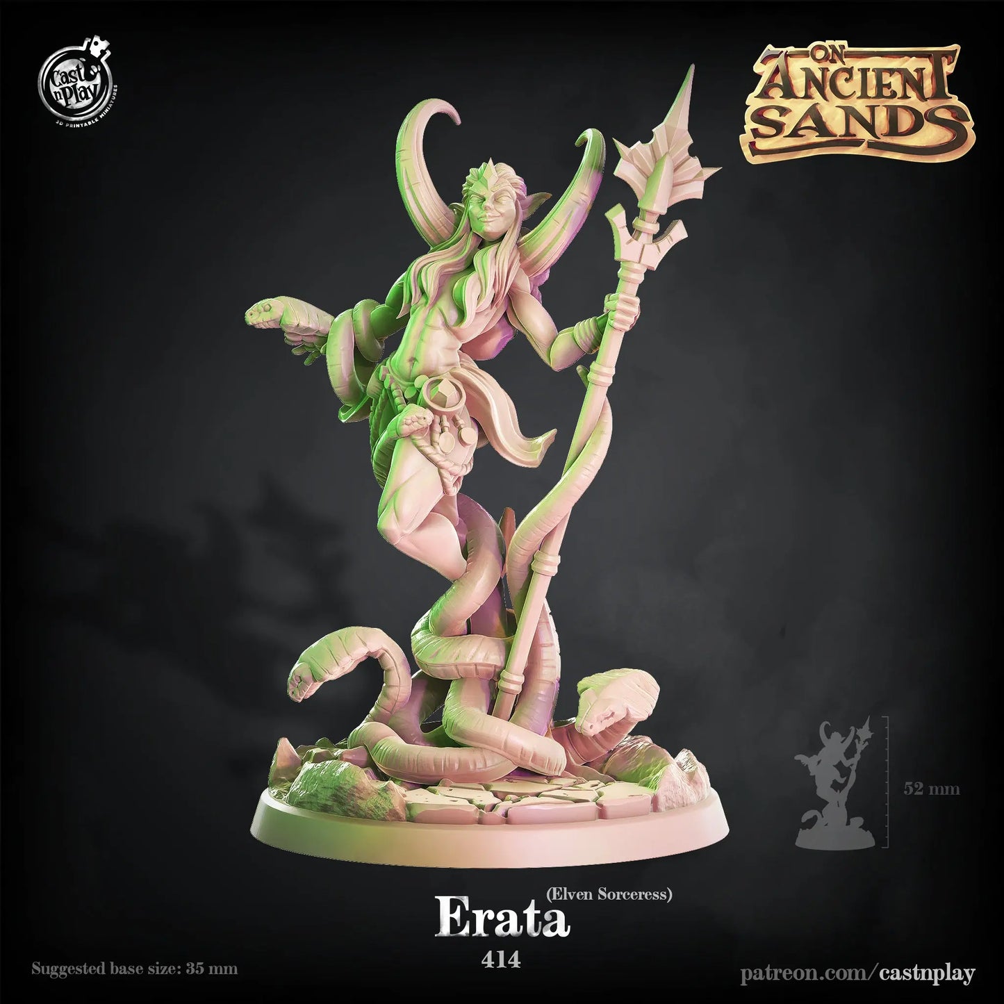 A DnD miniature of a character named Erata, dressed in elegant yet battle-ready attire. The figure features intricate details, with a combination of armor and flowing robes, highlighting both strength and grace. Erata’s pose is commanding, suggesting wisdom and experience. The miniature exudes an aura of authority and mysticism, perfect for characters in roles of leadership or magical prowess.