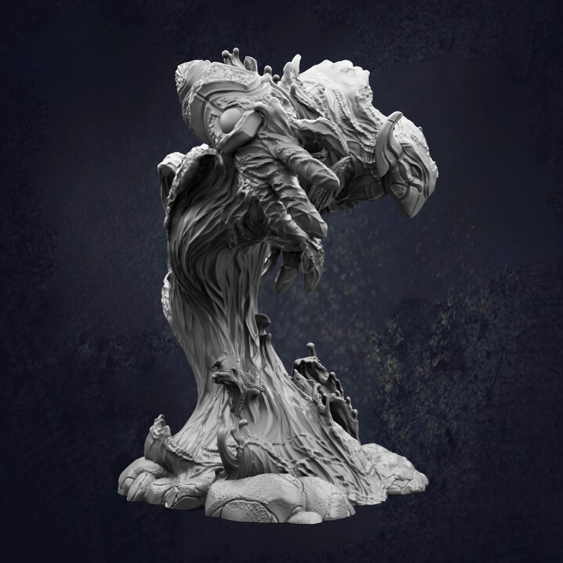 A detailed, sculptural representation of a fantastical creature, possibly a dragon or serpent, emerging from a rocky, organic-looking structure against a dark background.