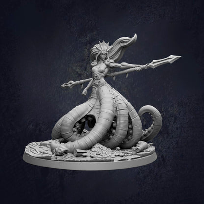 A detailed 3D model of a female monster with multiple tentacles, holding a weapon and standing on a platform.