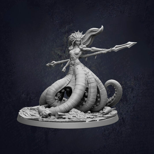A detailed 3D model of a female monster with multiple tentacles, holding a weapon and standing on a platform.