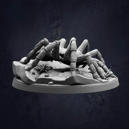 A detailed 3D model of a large spider with its legs spread out, sitting on a rocky surface with some plants.