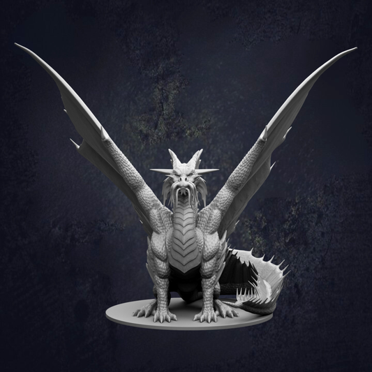 A detailed 3D model of a dragon-like creature with large wings and sharp teeth, standing on a platform against a dark background.