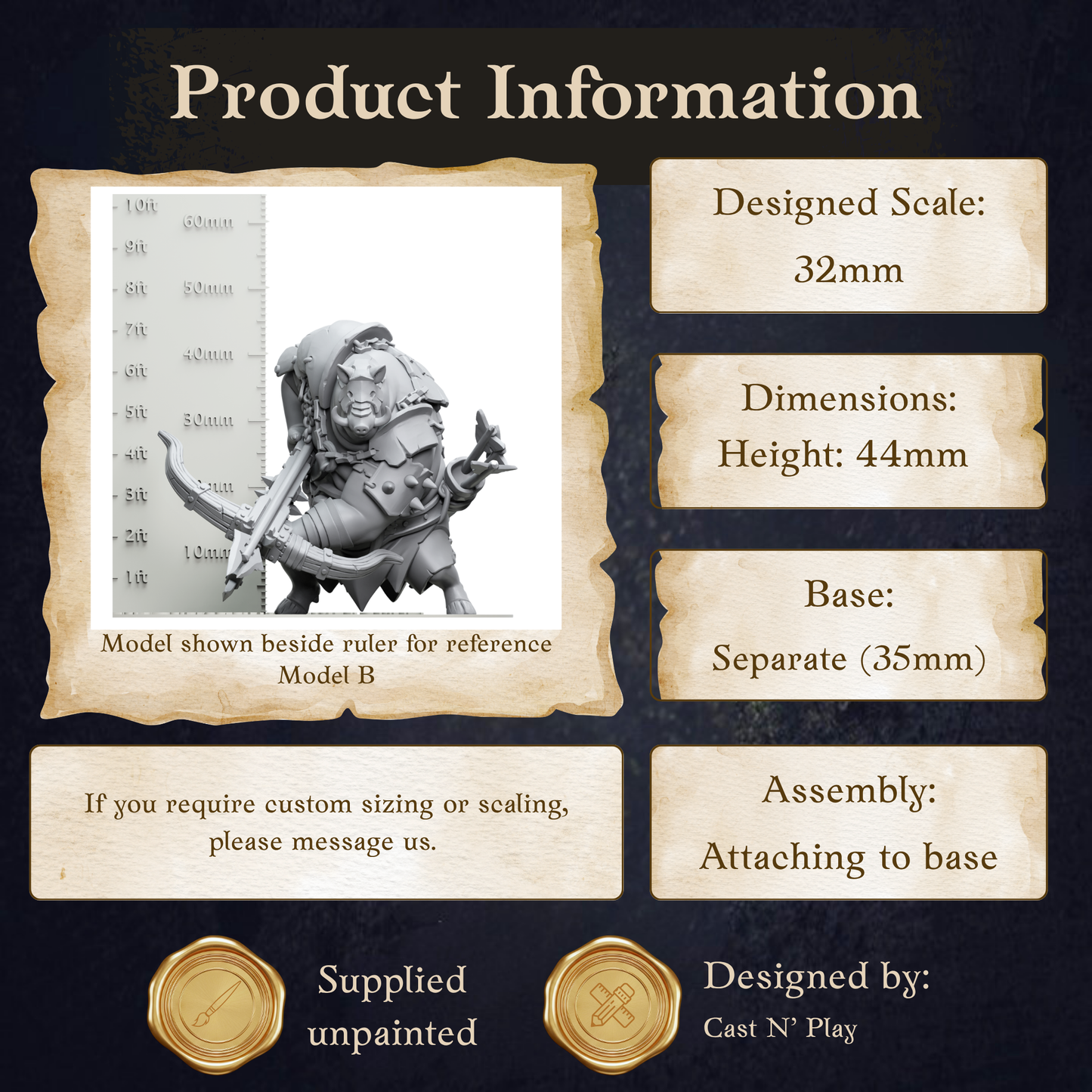 The image is a product information display featuring a model of a character, likely from a video game or tabletop game. The model is shown beside a ruler for reference, and it is designed to be a separate (35mm) base. The display includes information about the model's dimensions, height, and assembly instructions.