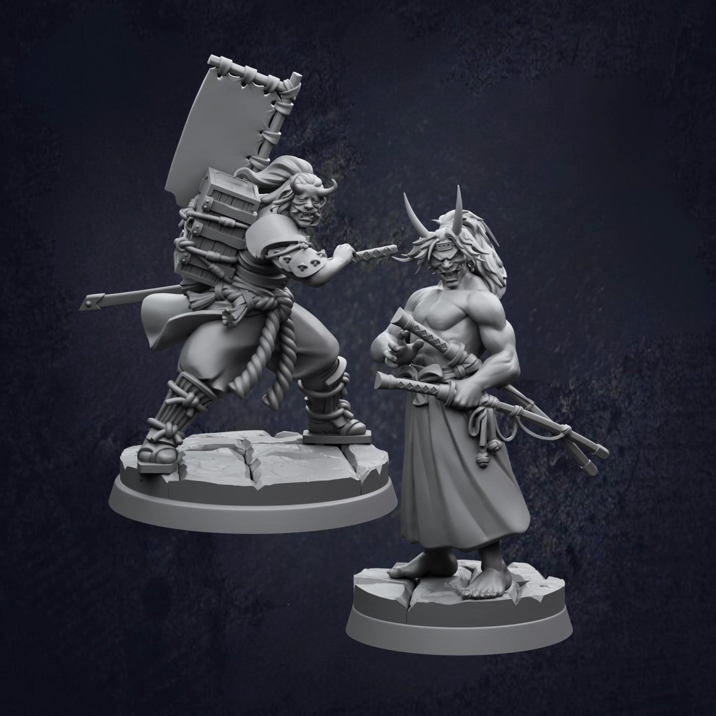 Pair of Katana Oni Samurai D&D RPG Miniatures