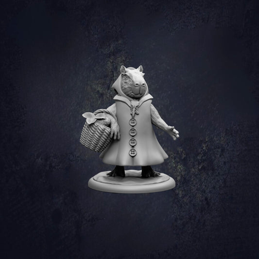 A statue of a beaver wearing a coat and holding a basket, standing on a base against a dark background.