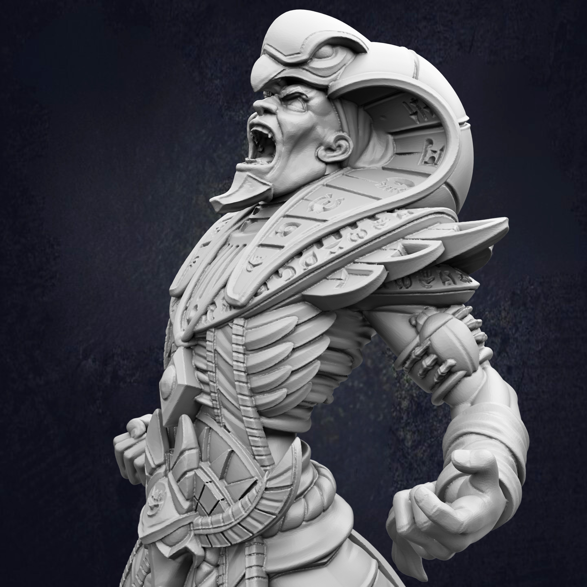 A detailed 3D rendering of a fierce-looking, armored warrior figure with a fierce expression and a raised fist, set against a dark background.