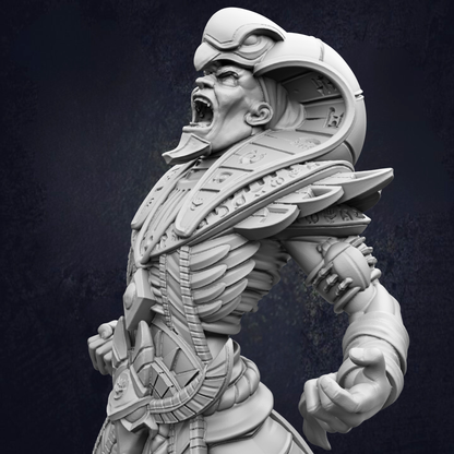 A detailed 3D rendering of a fierce-looking, armored warrior figure with a fierce expression and a raised fist, set against a dark background.