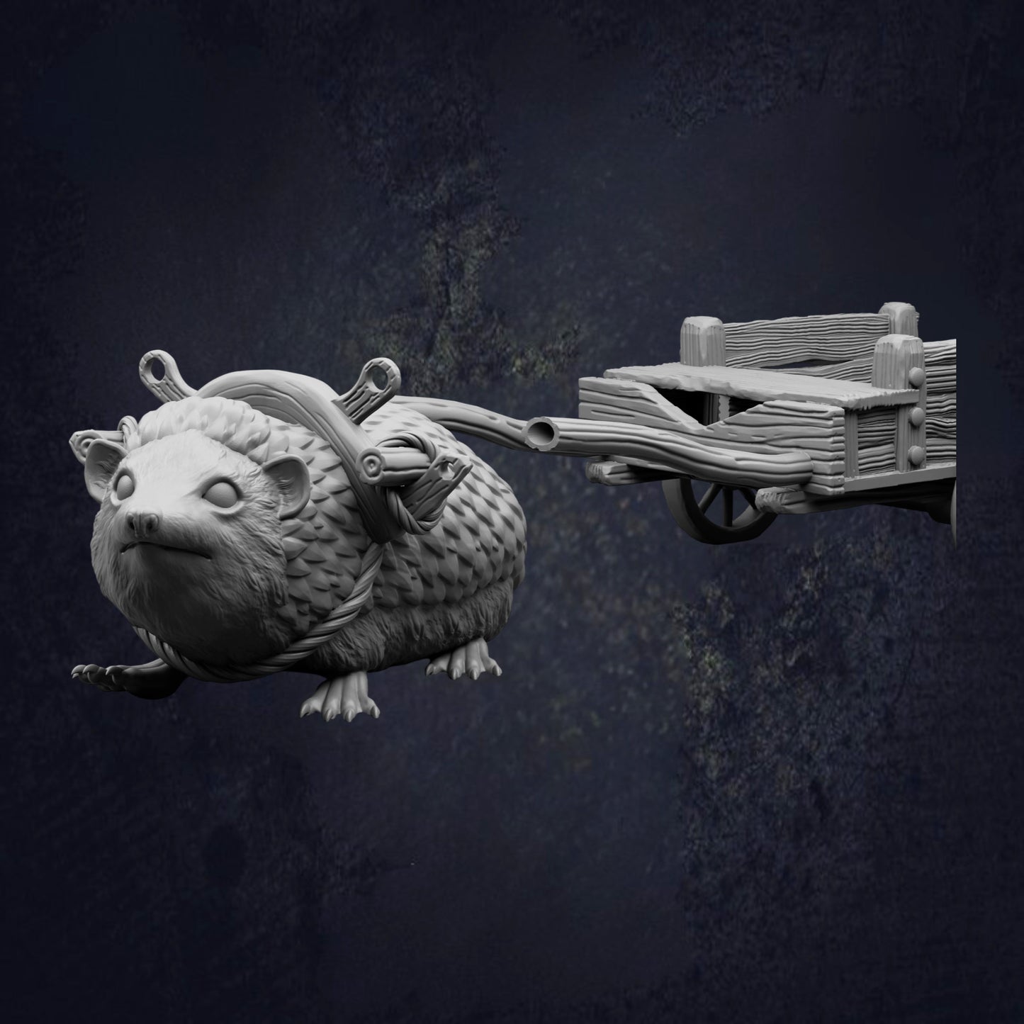 A 3D rendering of a small animal, possibly a rodent or a similar creature, attached to a wooden cart or wagon. The animal appears to be carrying the cart or wagon, suggesting a scene of transportation or movement.