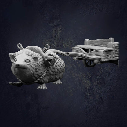 A 3D rendering of a small animal, possibly a rodent or a similar creature, attached to a wooden cart or wagon. The animal appears to be carrying the cart or wagon, suggesting a scene of transportation or movement.