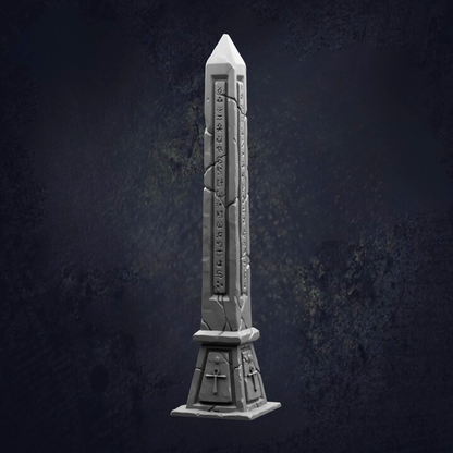 A stone obelisk with inscriptions stands against a dark background.