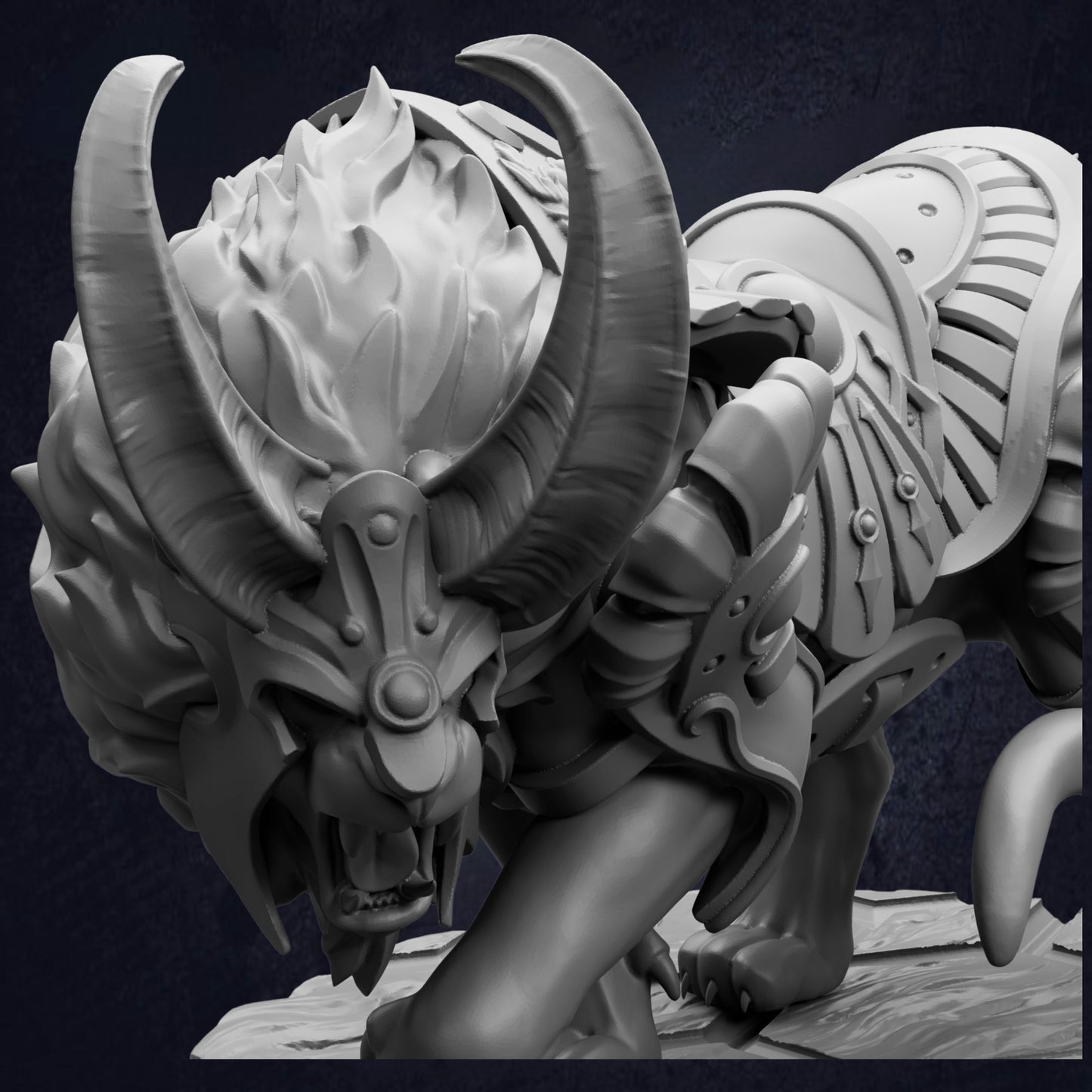 A detailed 3D rendering of a fierce-looking monster or dragon-like creature with sharp teeth and claws, wearing ornate armor and a fierce expression.
