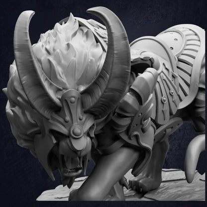 A detailed 3D rendering of a fierce-looking monster or dragon-like creature with sharp teeth and claws, wearing ornate armor and a fierce expression.
