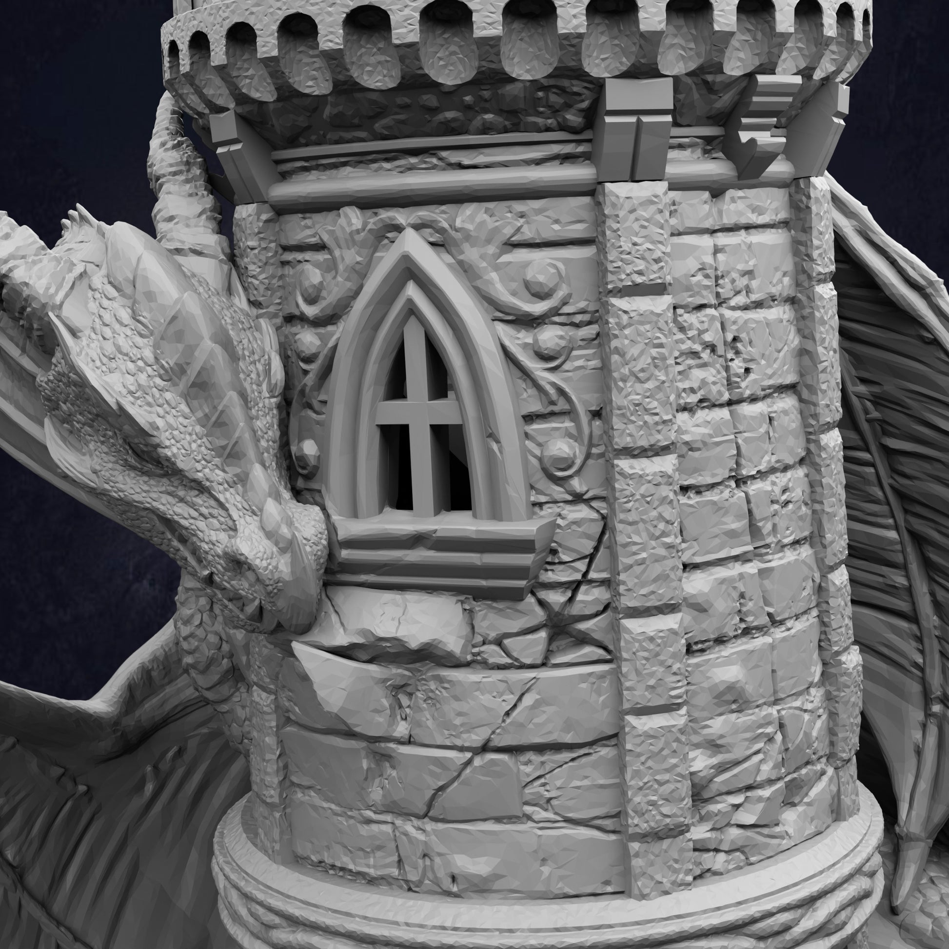 A detailed 3D rendering of a stone tower with a carved dragon head and a small window.
