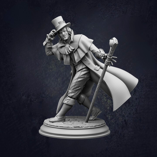 A statue of a man dressed in a top hat and coat, holding a cane and walking with one foot raised, set against a dark background.