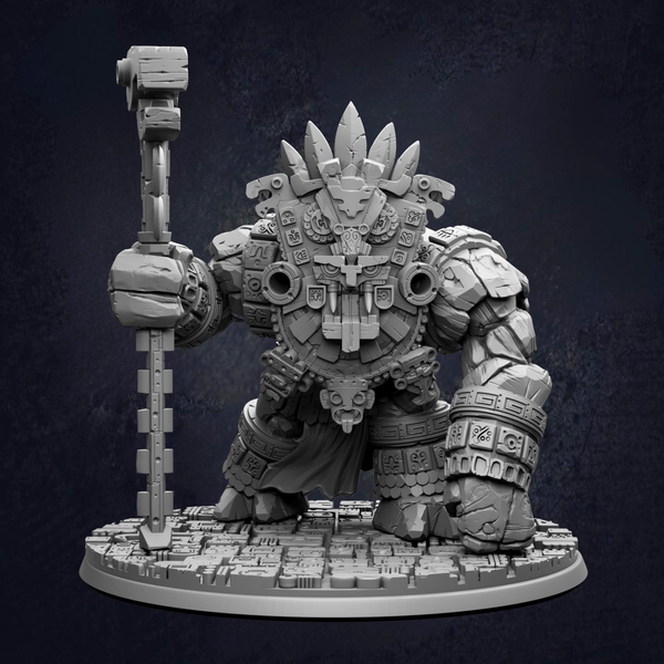 A detailed 3D model of a fantastical creature, possibly a dragon or monster, with intricate armor and a large headdress. The creature is holding a staff and appears to be in a crouched position, ready for action.