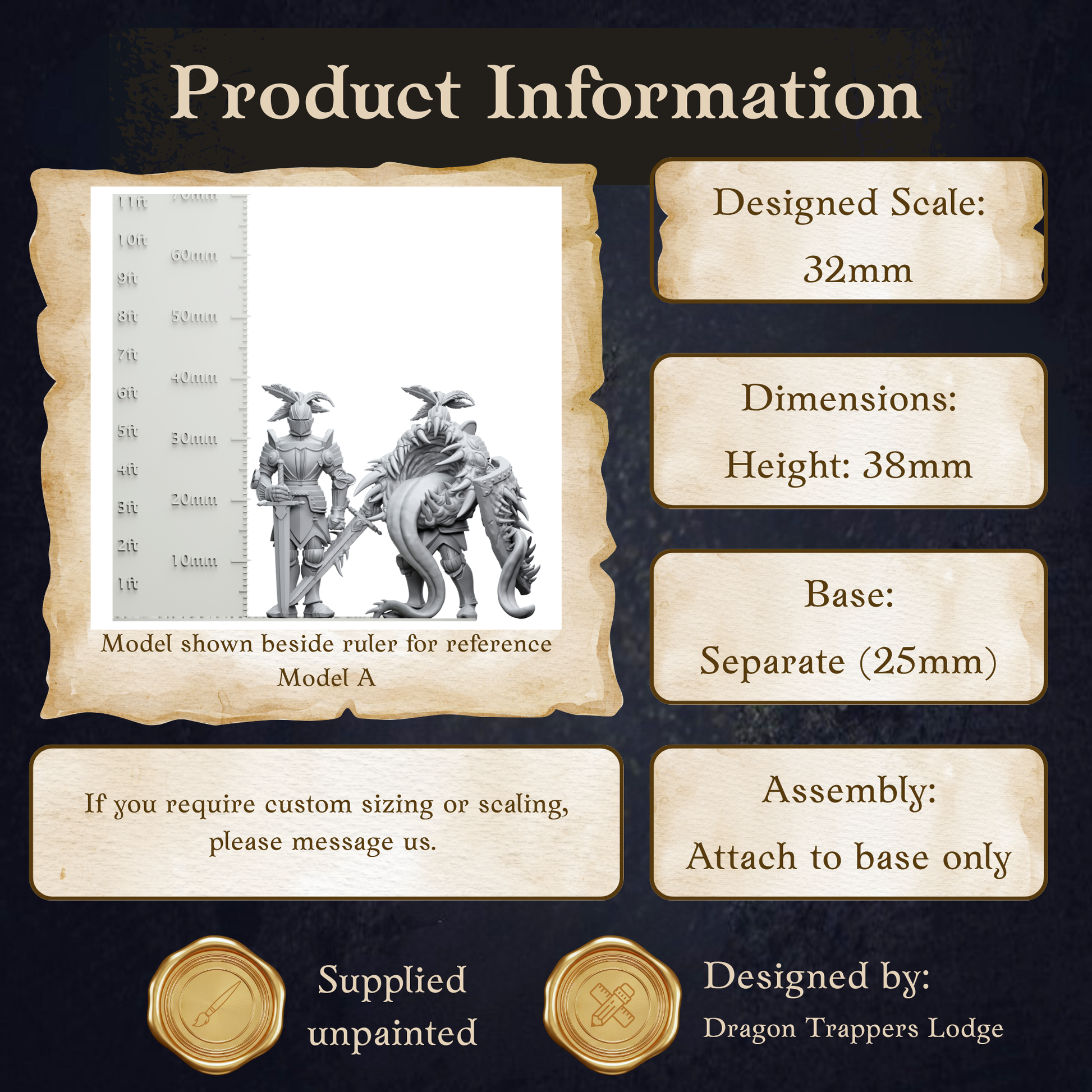 The image is a product information display featuring a model of a dragon-like creature, along with dimensions and assembly instructions.