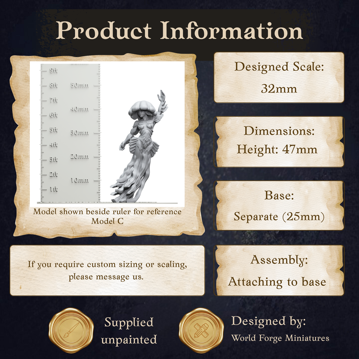 The image is a product information display featuring a model of a figurine, along with dimensions and assembly instructions.
