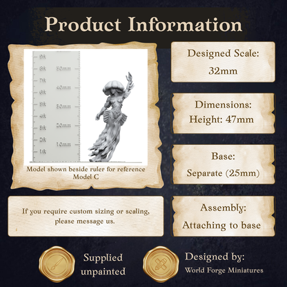 The image is a product information display featuring a model of a figurine, along with dimensions and assembly instructions.