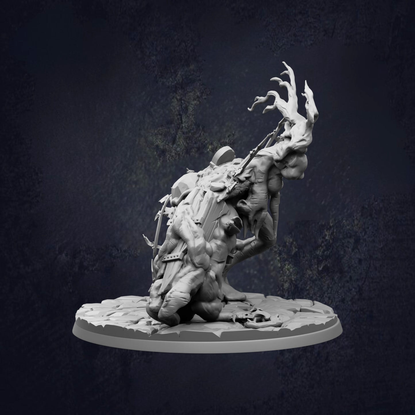 A dark, moody image depicting a surreal, fantastical creature with an intricate, organic form and a twisted, gnarled appearance.