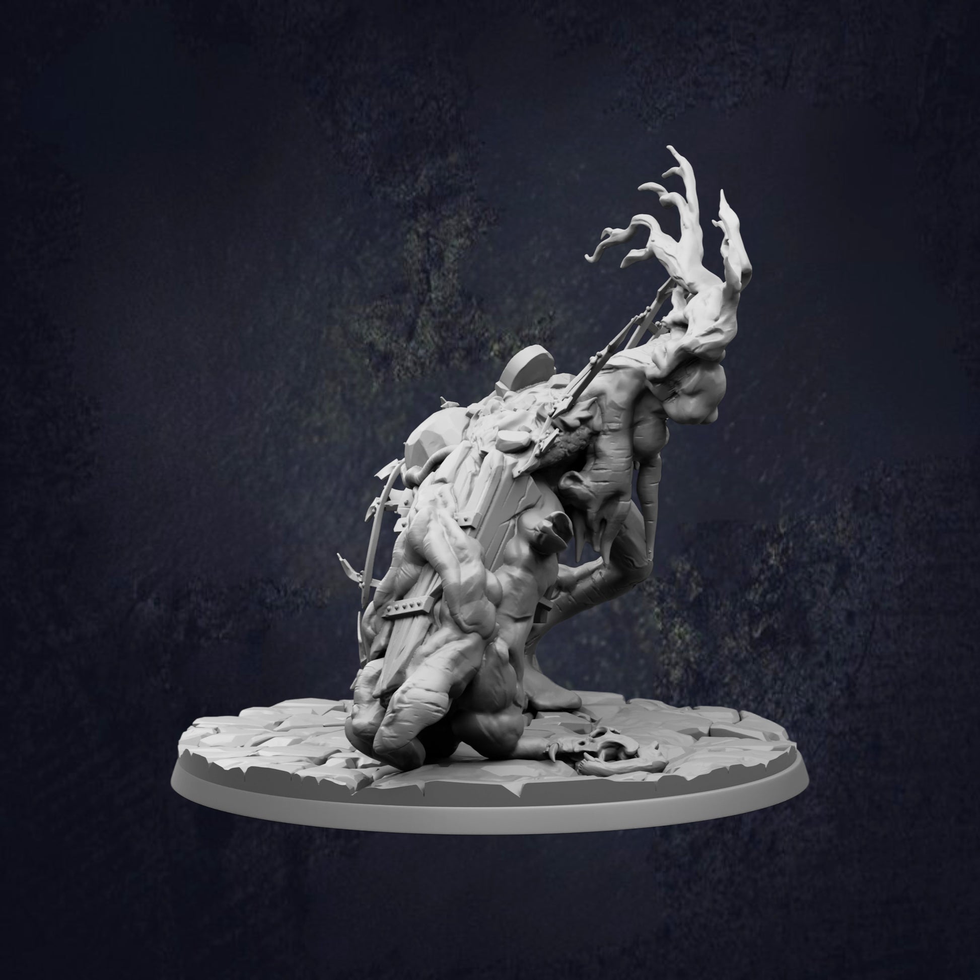 A dark, moody image depicting a surreal, fantastical creature with an intricate, organic form and a twisted, gnarled appearance.