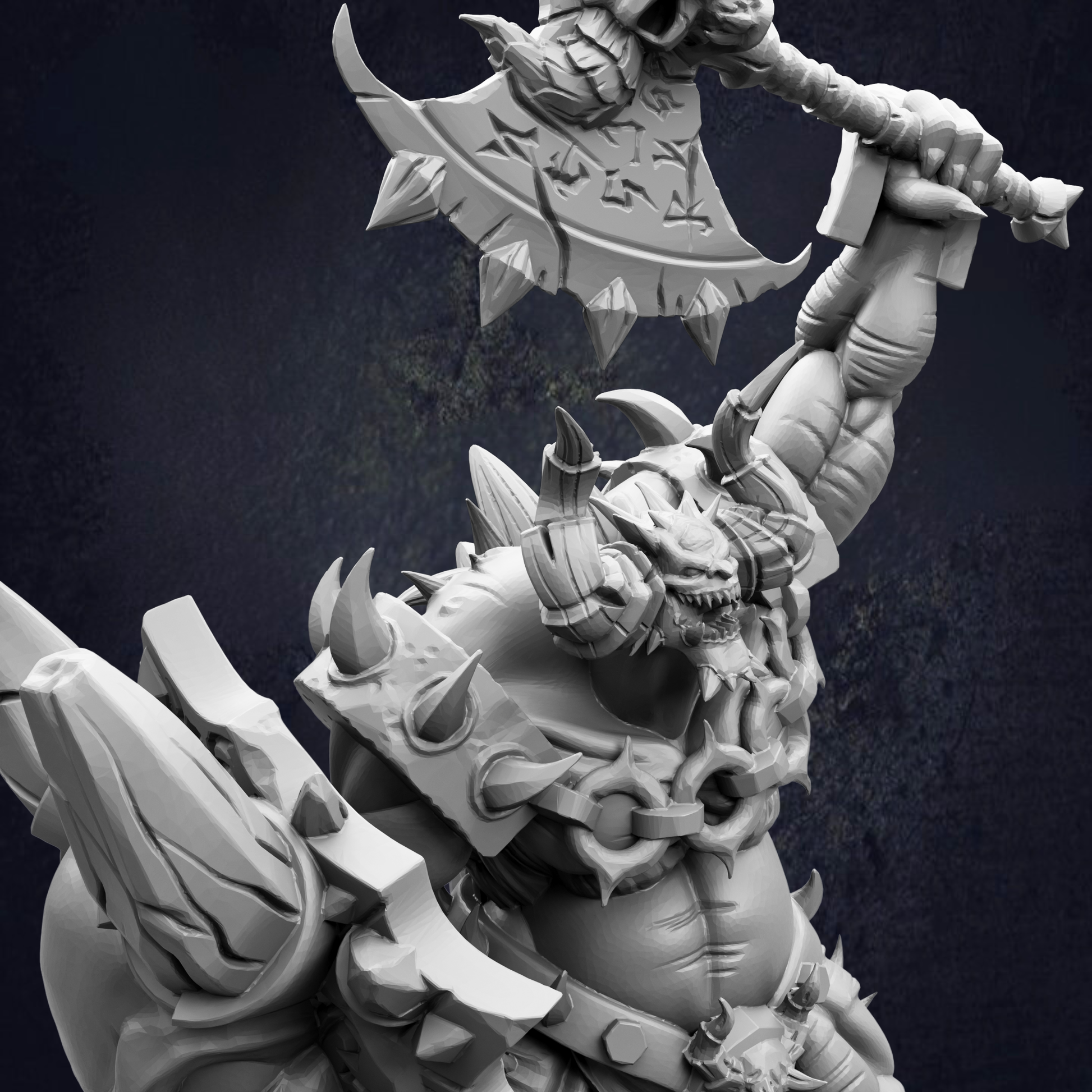 A detailed 3D rendering of a fierce-looking monster or dragon-like creature with sharp teeth and claws, wielding a large weapon.