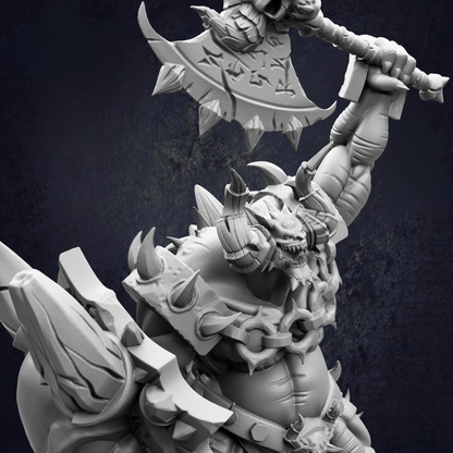 A detailed 3D rendering of a fierce-looking monster or dragon-like creature with sharp teeth and claws, wielding a large weapon.