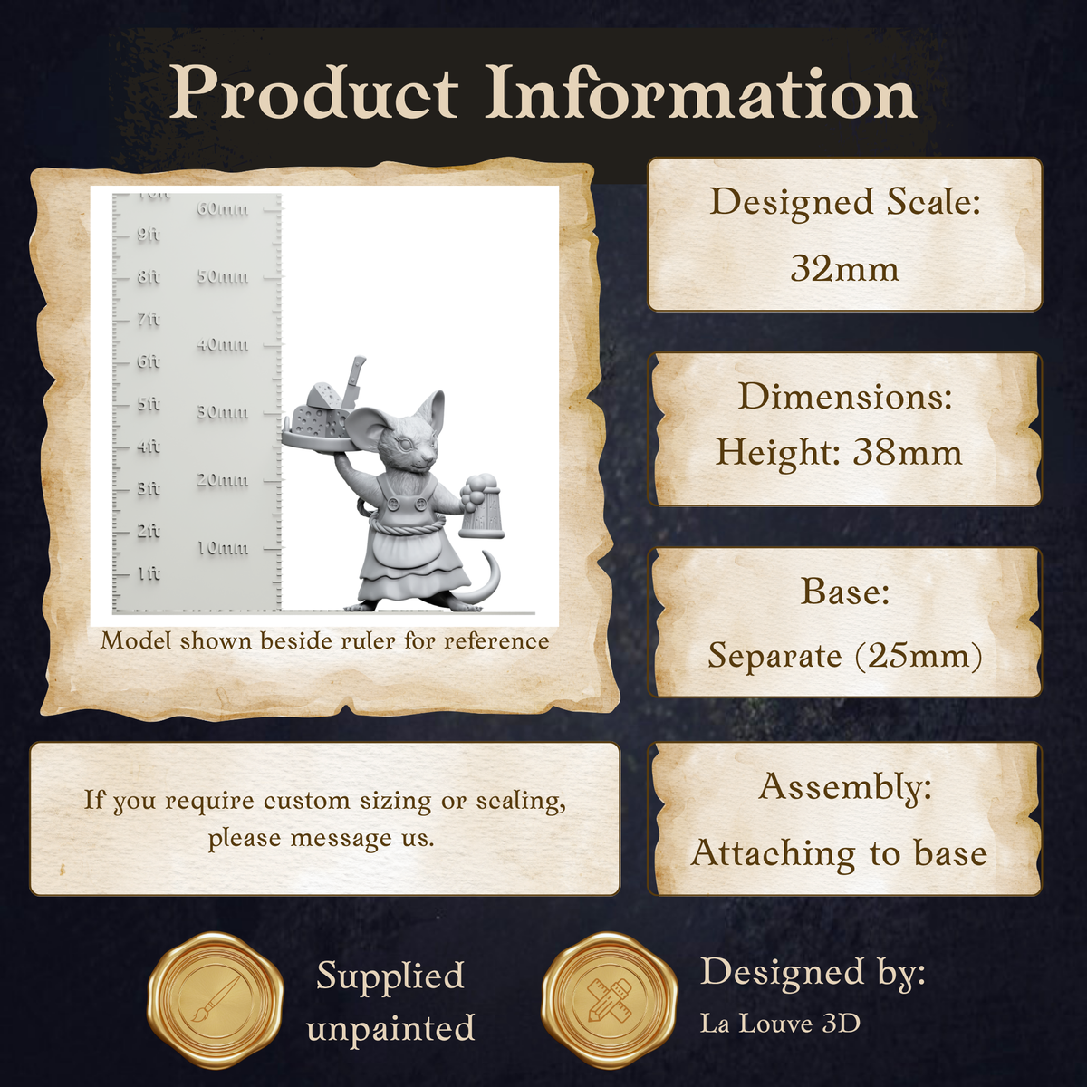 The image is a product information page for a figurine, specifically a mouse-like character. The page provides details about the figurine, including its dimensions, base, and assembly instructions.