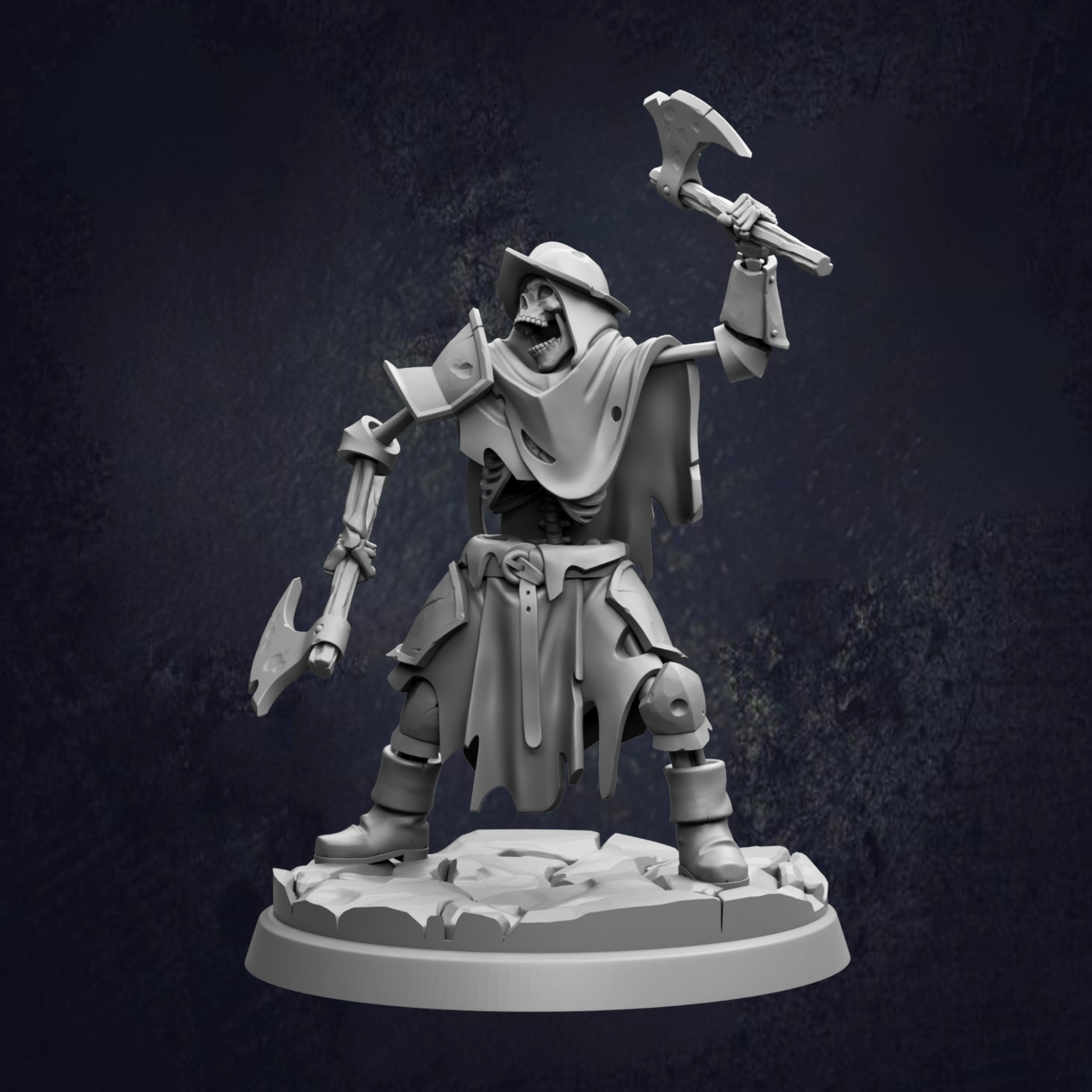 A 3D rendering of a skeletal figure holding a weapon, standing on a base.