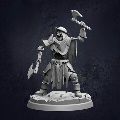 A 3D rendering of a skeletal figure holding a weapon, standing on a base.