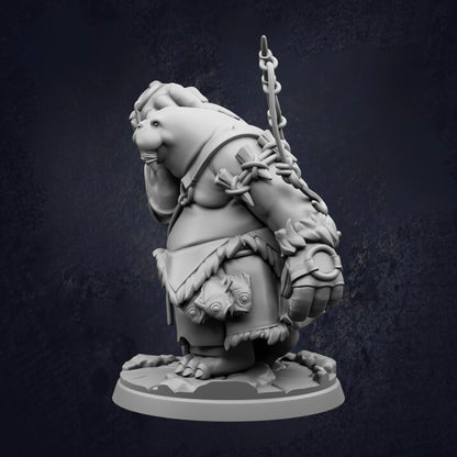 A 3D rendering of a fantastical creature, possibly a dragon or a mythical animal, standing on a platform and holding a chain.