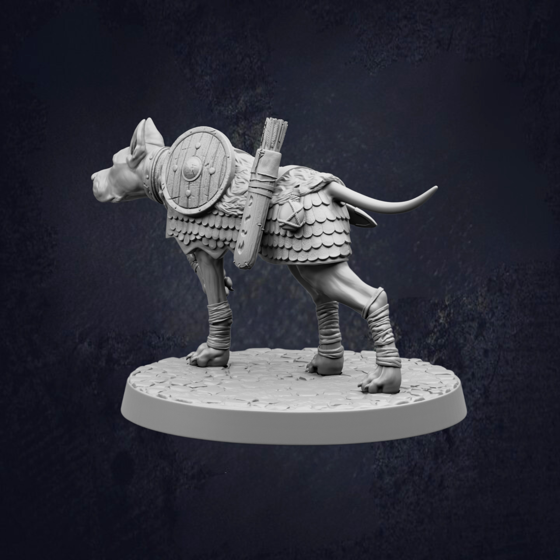 A detailed 3D model of a dog wearing armor and carrying a shield, standing on a circular base against a dark background.