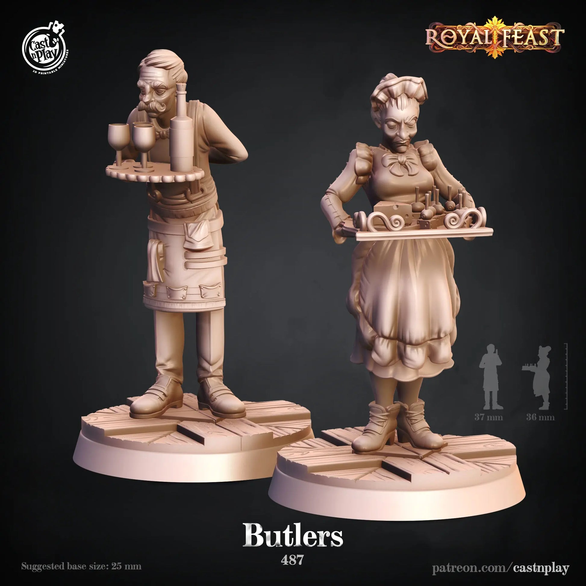 A finely detailed set of DnD miniatures featuring a group of butlers in formal attire, complete with waistcoats, bowties, and gloves. Each miniature is posed in a respectful, service-oriented manner, holding trays or other servant tools. Their expressions are neutral and attentive, fitting their role as refined attendants. The miniatures are ideal for settings in noble houses or during social encounters in RPG campaigns.
