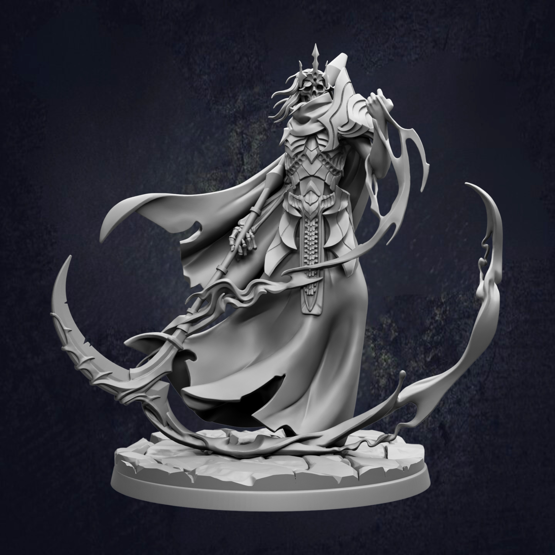 A detailed 3D model of a fantasy character, likely a warrior or deity, with intricate armor and flowing robes, standing on a rocky platform against a dark background.