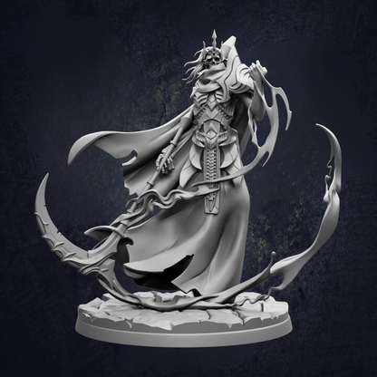 A detailed 3D model of a fantasy character, likely a warrior or deity, with intricate armor and flowing robes, standing on a rocky platform against a dark background.