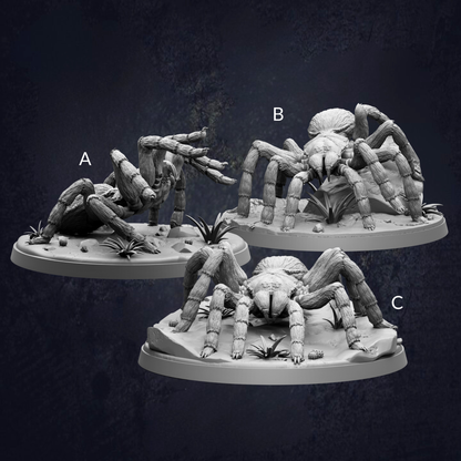 three different views of a large spider on a base, each with varying perspectives and angles.