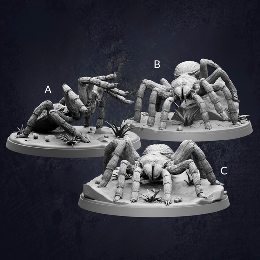 three different views of a large spider on a base, each with varying perspectives and angles.
