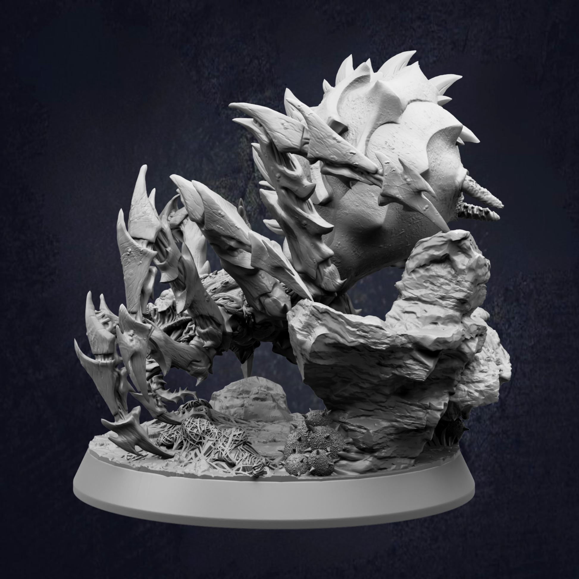 A detailed, intricate sculpture depicting a fantastical creature with sharp, jagged features and a menacing expression, set against a dark background.