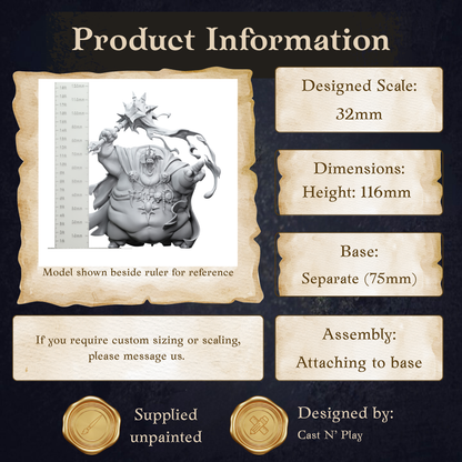 The image is a product information graphic for a model shown beside a ruler for reference. The model is designed to be 32mm tall and has dimensions of 115mm in height. The base of the model is 75mm. The product is designed by Cast N' Play.