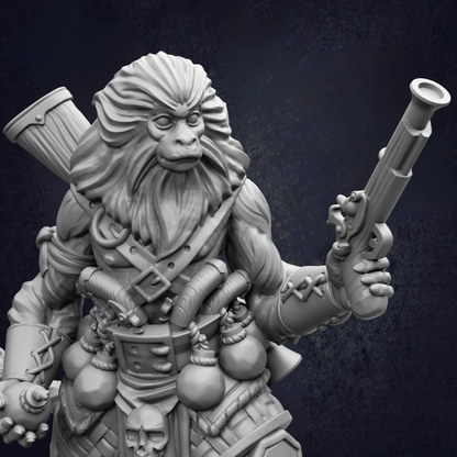 A detailed 3D model of a monkey-like creature holding a gun and wearing various accessories, including a skull, against a dark background.