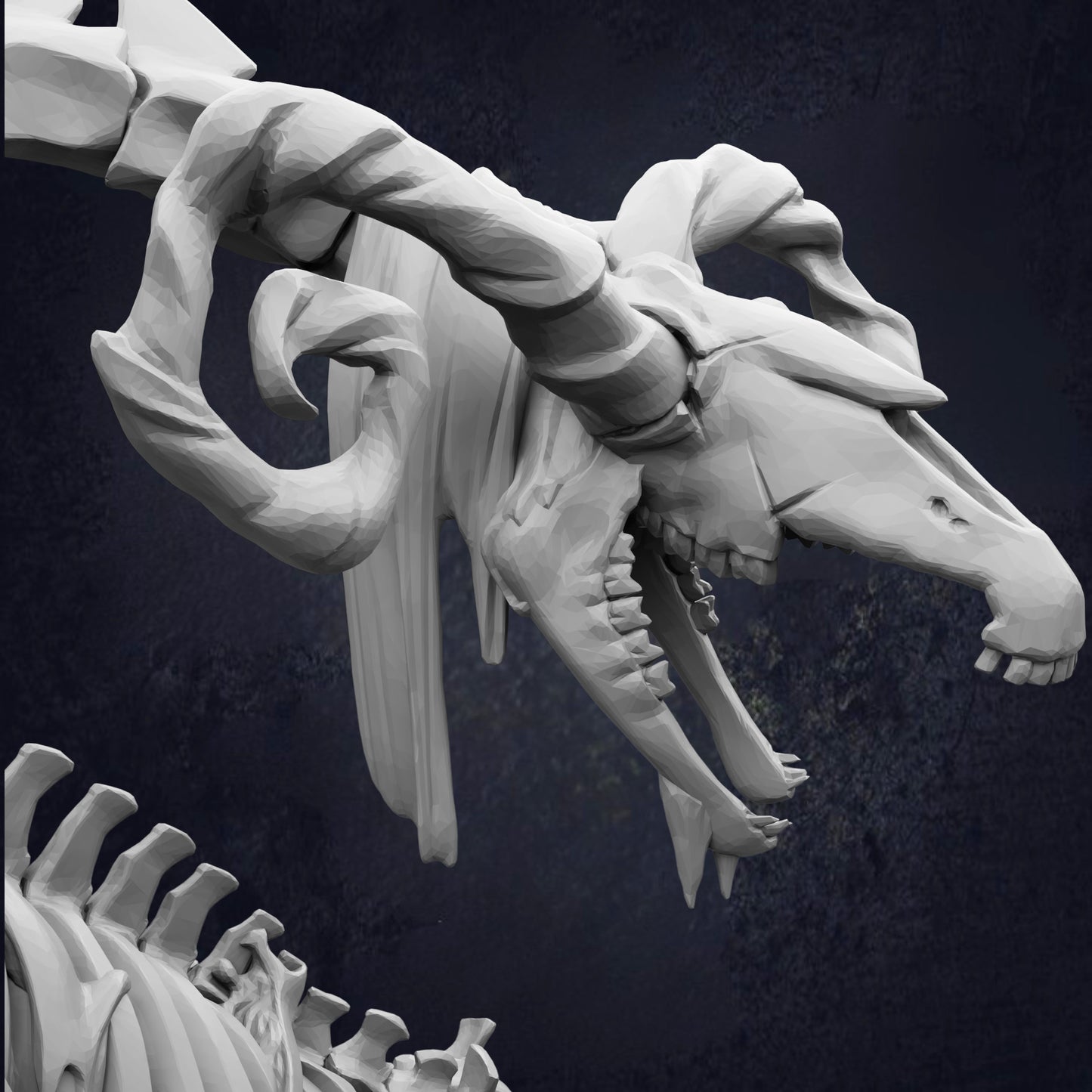A close-up view of a detailed, sculpted animal skull against a dark background.