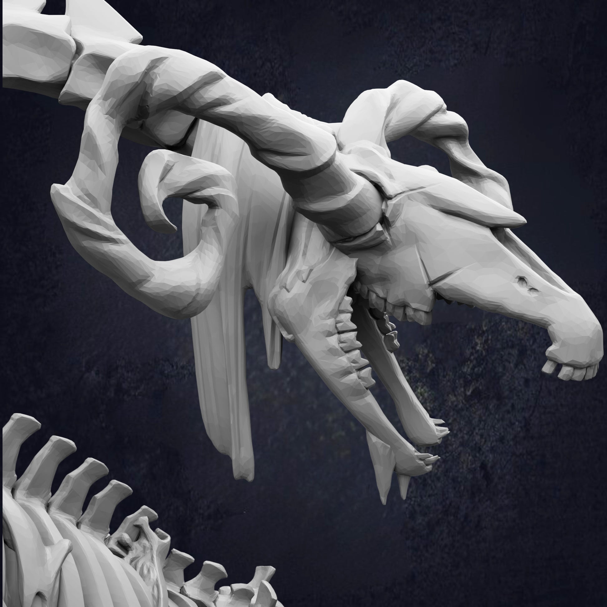 A close-up view of a detailed, sculpted animal skull against a dark background.