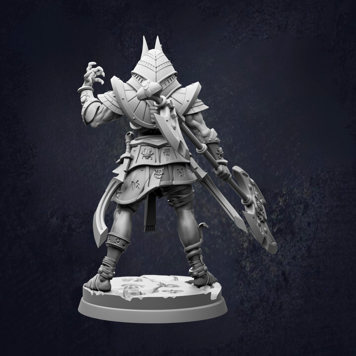 A detailed 3D model of a warrior figure, standing in a fighting stance with a sword and shield in hand, against a dark background.