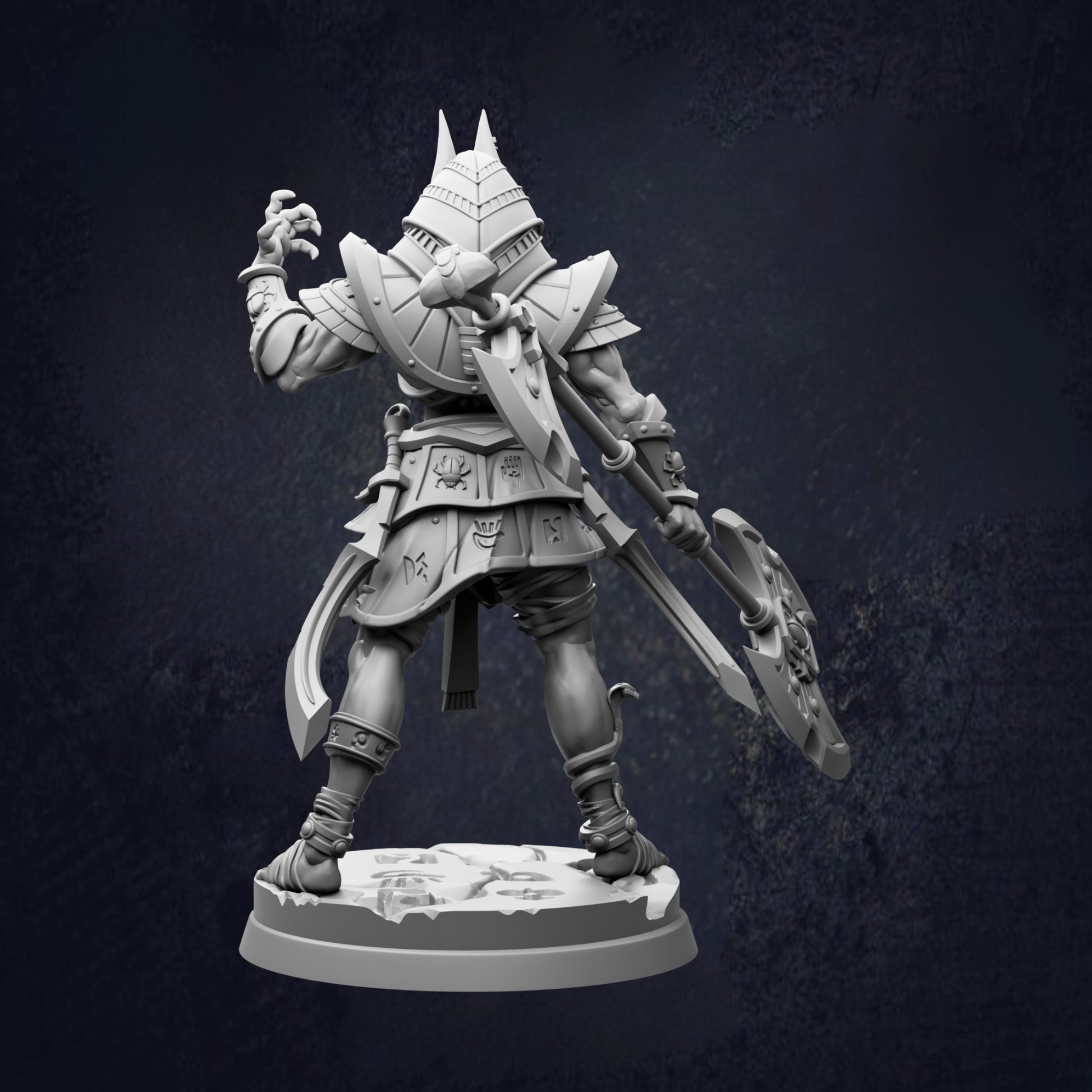 A detailed 3D model of a warrior figure, standing in a fighting stance with a sword and shield in hand, against a dark background.