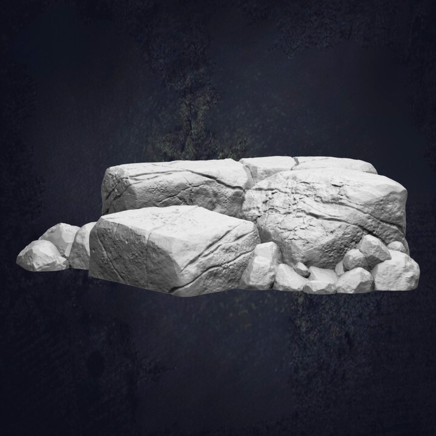 A large, jagged rock formation with a dark background.