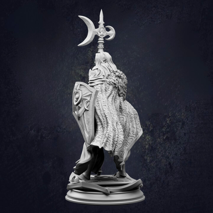 A detailed 3D model of a knight figure, standing on a pedestal and holding a shield and a sword.