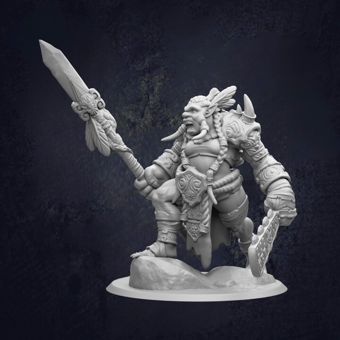 A detailed 3D model of a warrior figure, holding a sword and shield, standing on a rock formation against a dark background.
