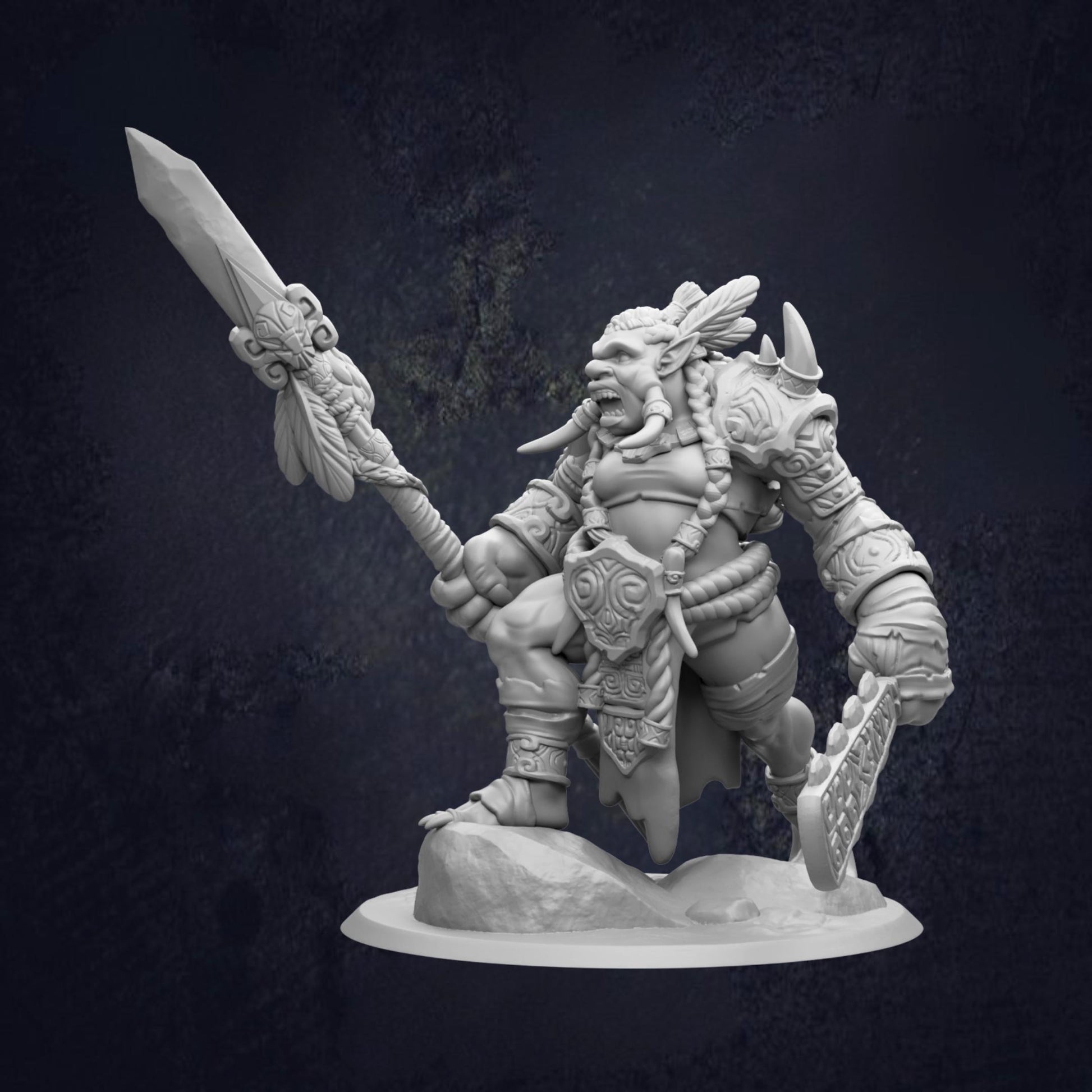 A detailed 3D model of a warrior figure, holding a sword and shield, standing on a rock formation against a dark background.