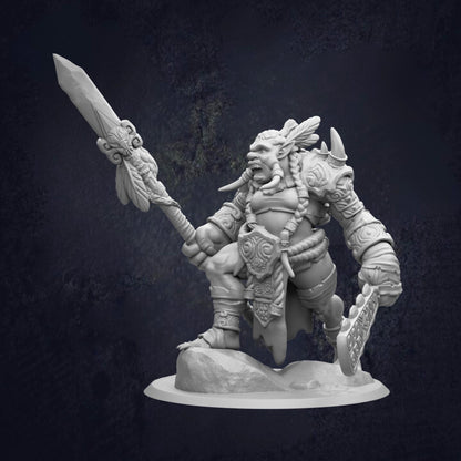 A detailed 3D model of a warrior figure, holding a sword and shield, standing on a rock formation against a dark background.
