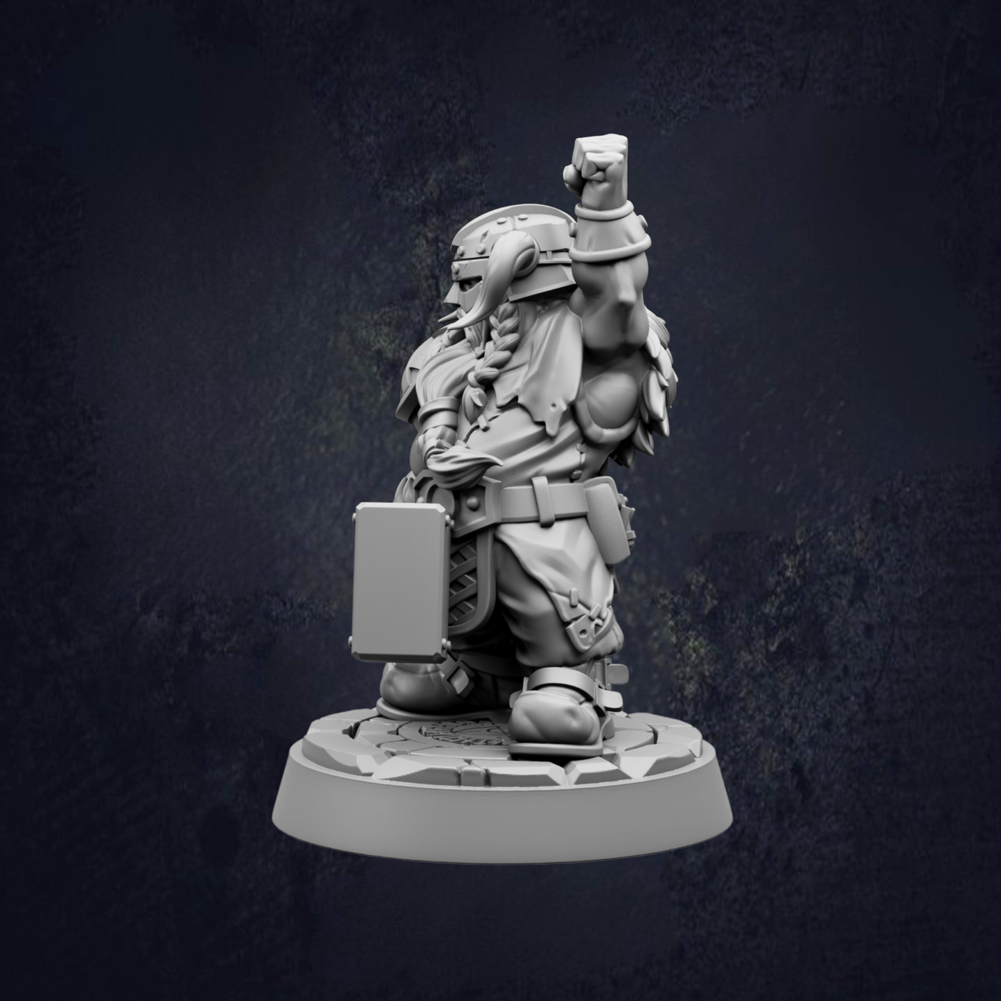 A 3D model of a dwarf character, possibly a dwarf warrior, standing on a platform and holding a shield.