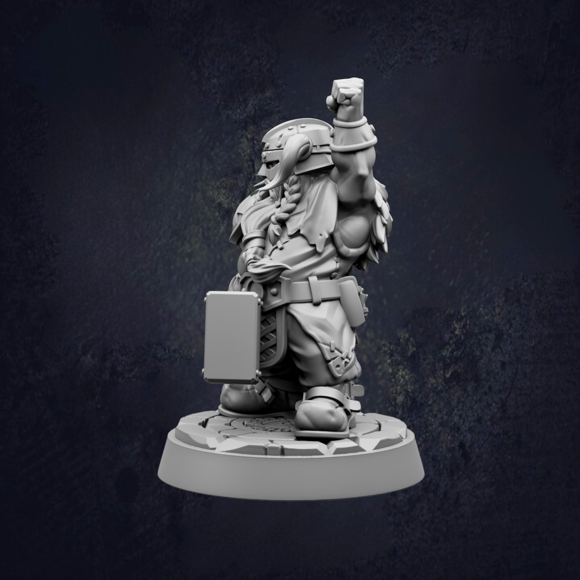 A 3D model of a dwarf character, possibly a dwarf warrior, standing on a platform and holding a shield.